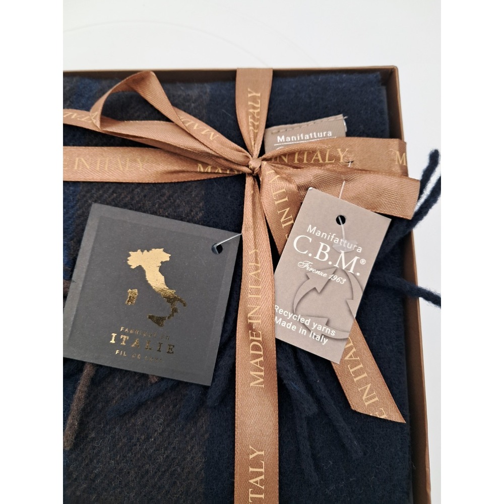 Manifattura C.B.M Cashmere‎ Blend Scarf-Made In Italy. Brown, Blue, And White - Picture 3 of 6